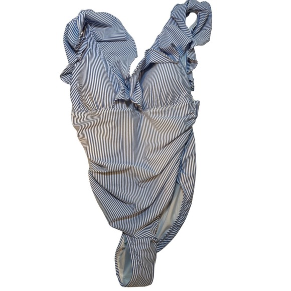 J Crew NWT Striped Ruffle Plunge One Piece Swimsuit Navy White Size 12 - Picture 2 of 5